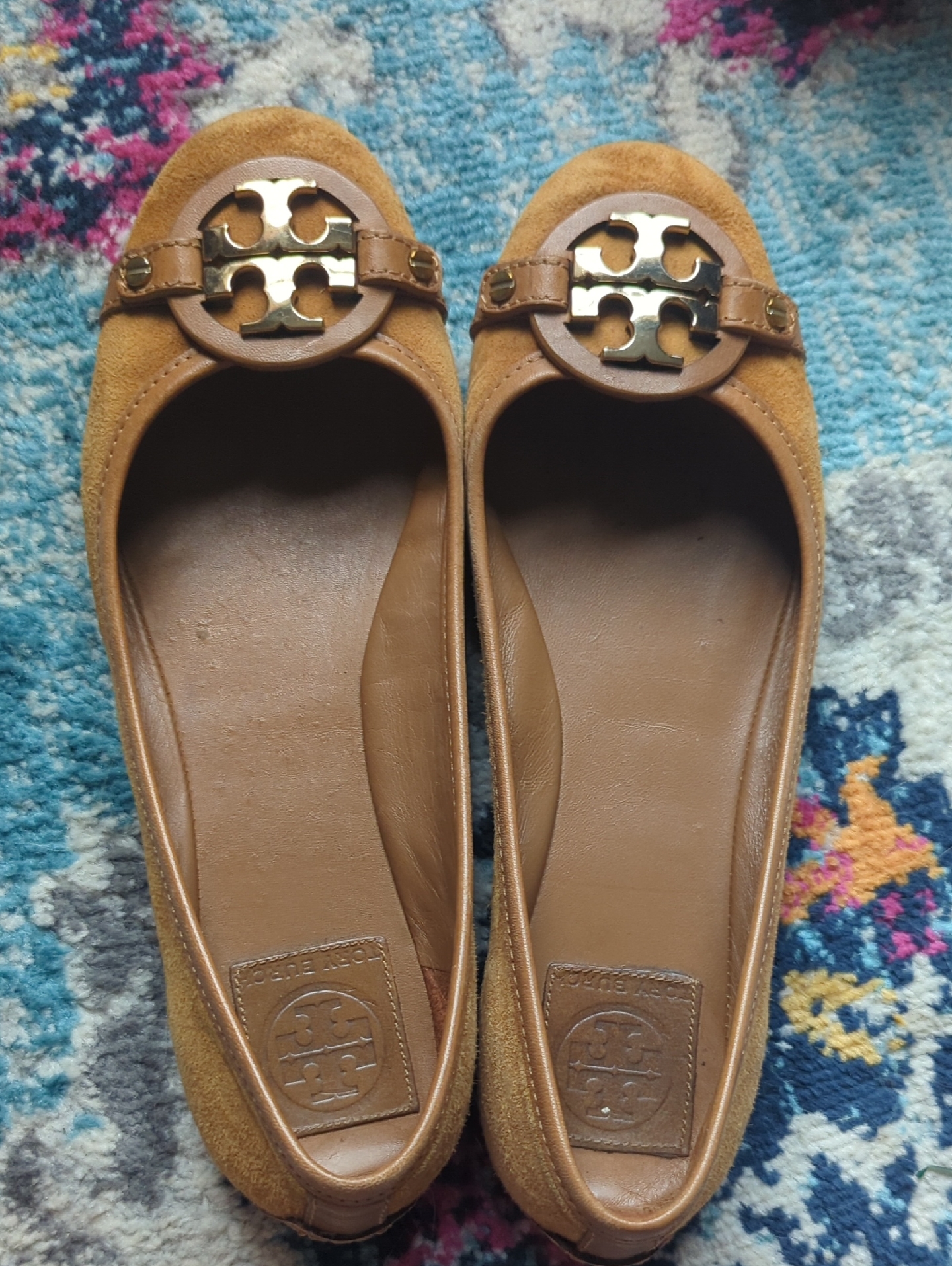 Tory Burch Camel/Tan Suede Logo Ballet Flats